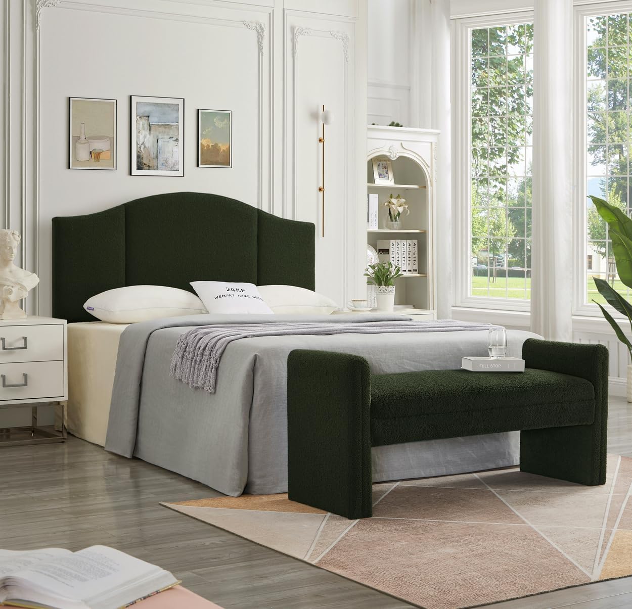 24KF Upholstered Soft Teddy Fabric Queen Headboard,Modern Wave-Like Top Edge Full Size Headboard, 6033-Q-Dark Green Queen/Full Dark Green - Queen/Full