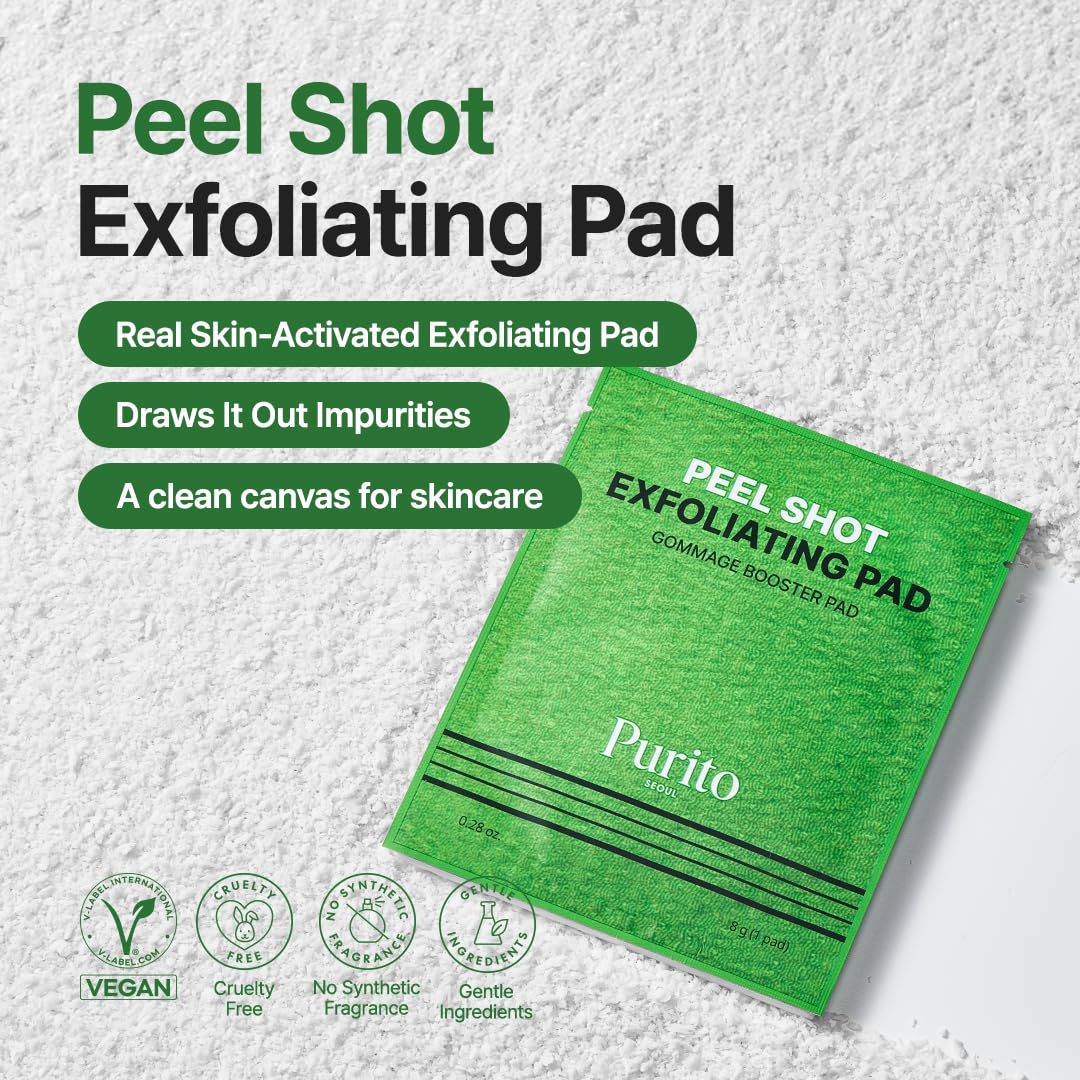 PURITO PEEL SHOT Exfoliating Pad | for Blackheads, Whiteheads & Pores | Charcoal + Enzyme Deep Clean | Instant Glow & Smooth Texture | Gentle Daily Exfoliation | Korean Skincare, 8 Pads