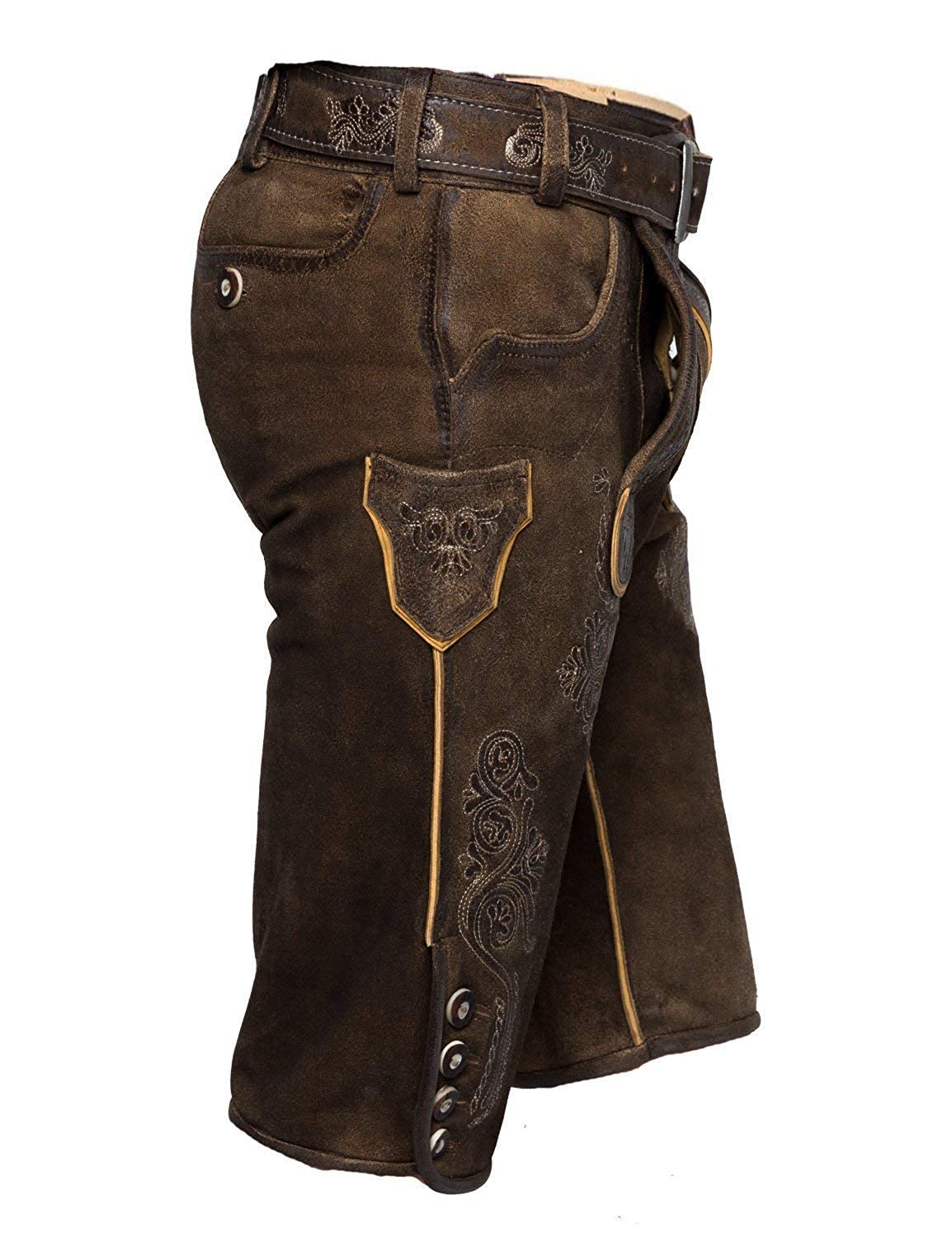 Kurze Herren Trachten Lederhose, Karl aus wildbockleder, Moor-Antik speckig