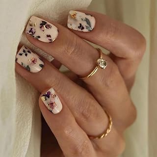 IMSOHOT Press on Nails Short Square Fake Nails Flower Acrylic False Nails Full Cover Glossy Glue on Artificial Nails for Women 24Pcs