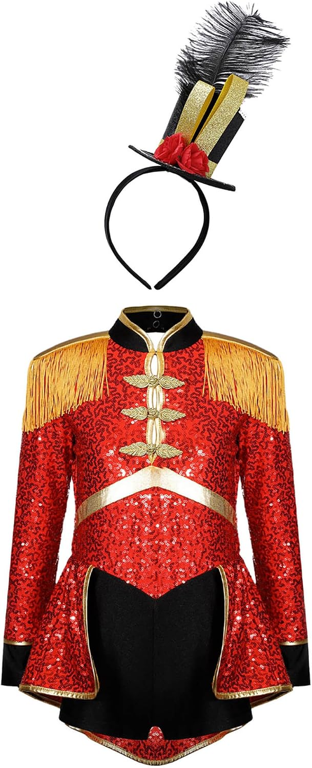 Girls Drum Majorette March Band Uniform Sets Sequins Leotard Dress+Hat Ringmaster Suits