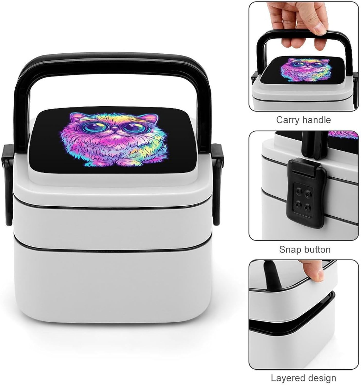 Big Eyed Cat Bento Box with Spoon 2 Layer Food Container Cute Lunch Box for Travel Dining Work