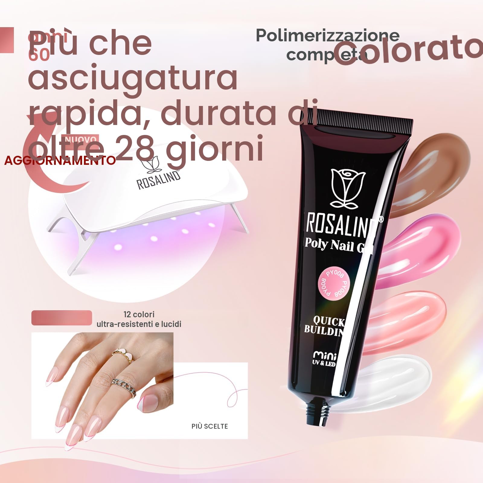 ROSALIND Poligel per Unghie Kit Completo, 12 Colori 10ml Gel Unghie Ricostruzione con UV Lampada, Base & Top Coat e Strumenti, Poly Nail Gel Completo kit per Principiante, Professionale e Salone
