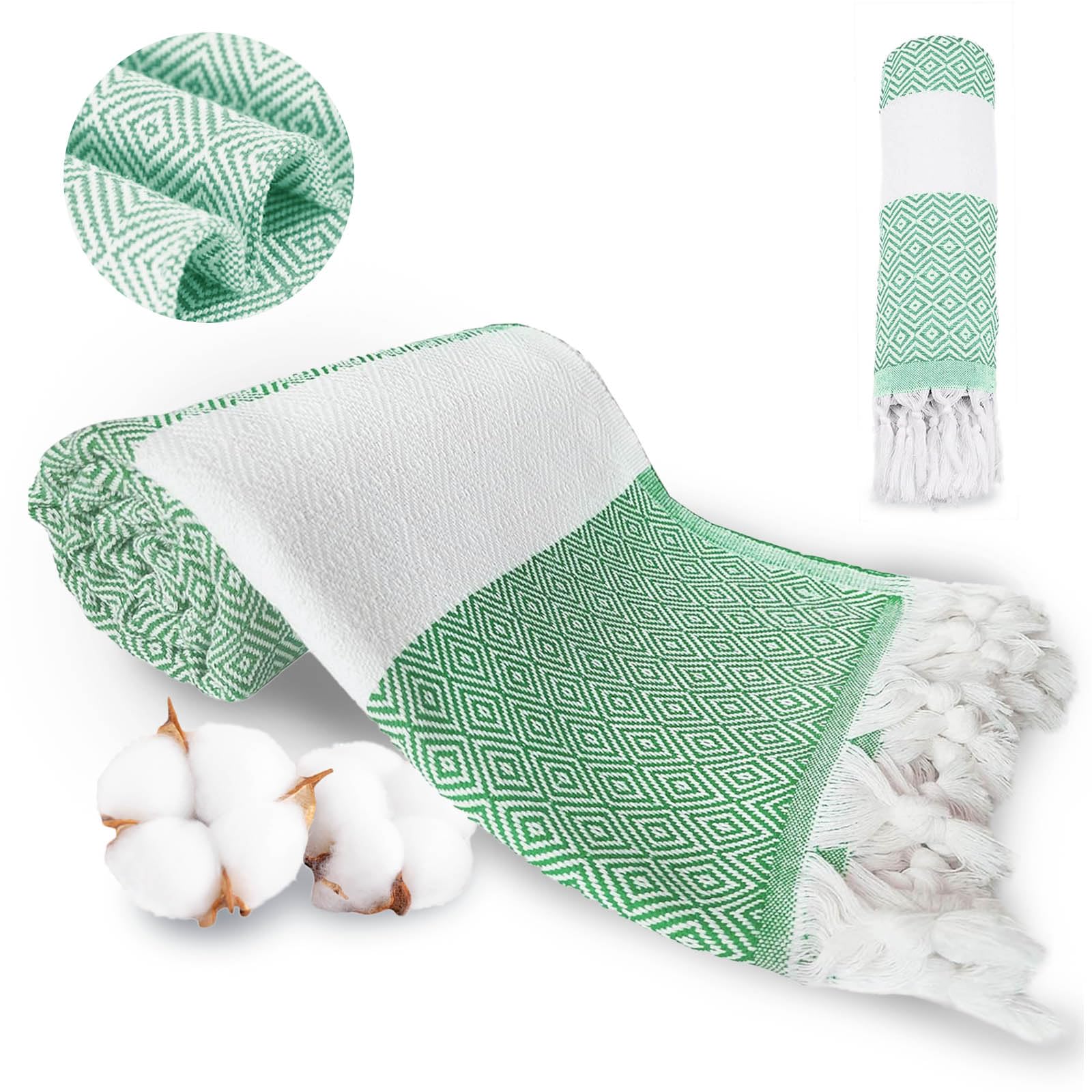 YumLock Turkish Beach Towel - 100% Cotton Quick-dry Bath Sheet, Oversized 180x100 cm, Sand-free with Boho Design for Pool, Travel, Yoga - Soft, Absorbent, Compact & Lightweight - Ideal Gift, Green