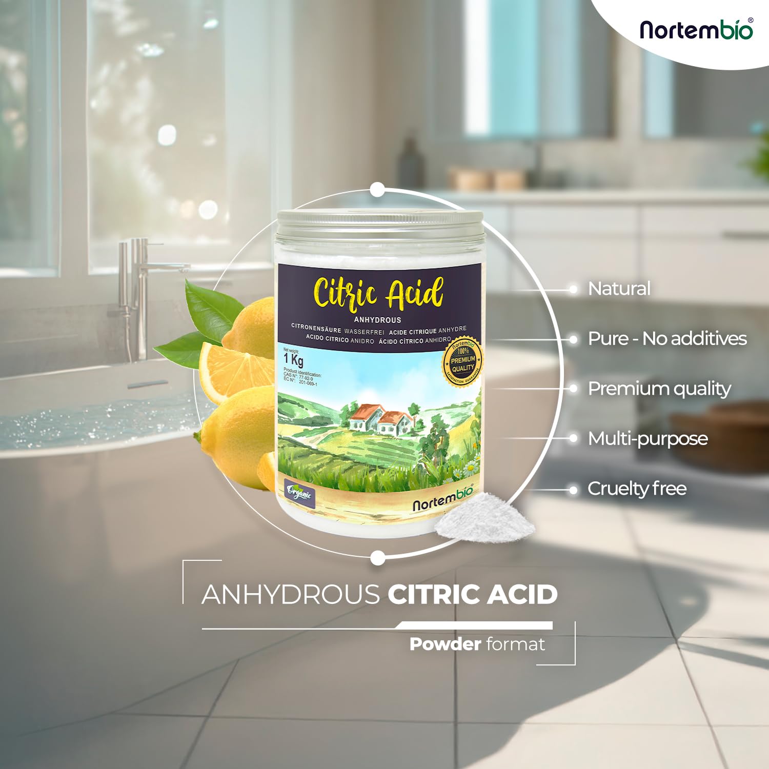 Nortembio Acido Citrico Ecologico 2,5 kg – Acido Citrico Anidro Concentrato 100% Puro Certificato – Materia Prima per Produzione Biologica – Pulizia Domestica Multiuso – Senza OGM – E-Book Incluso