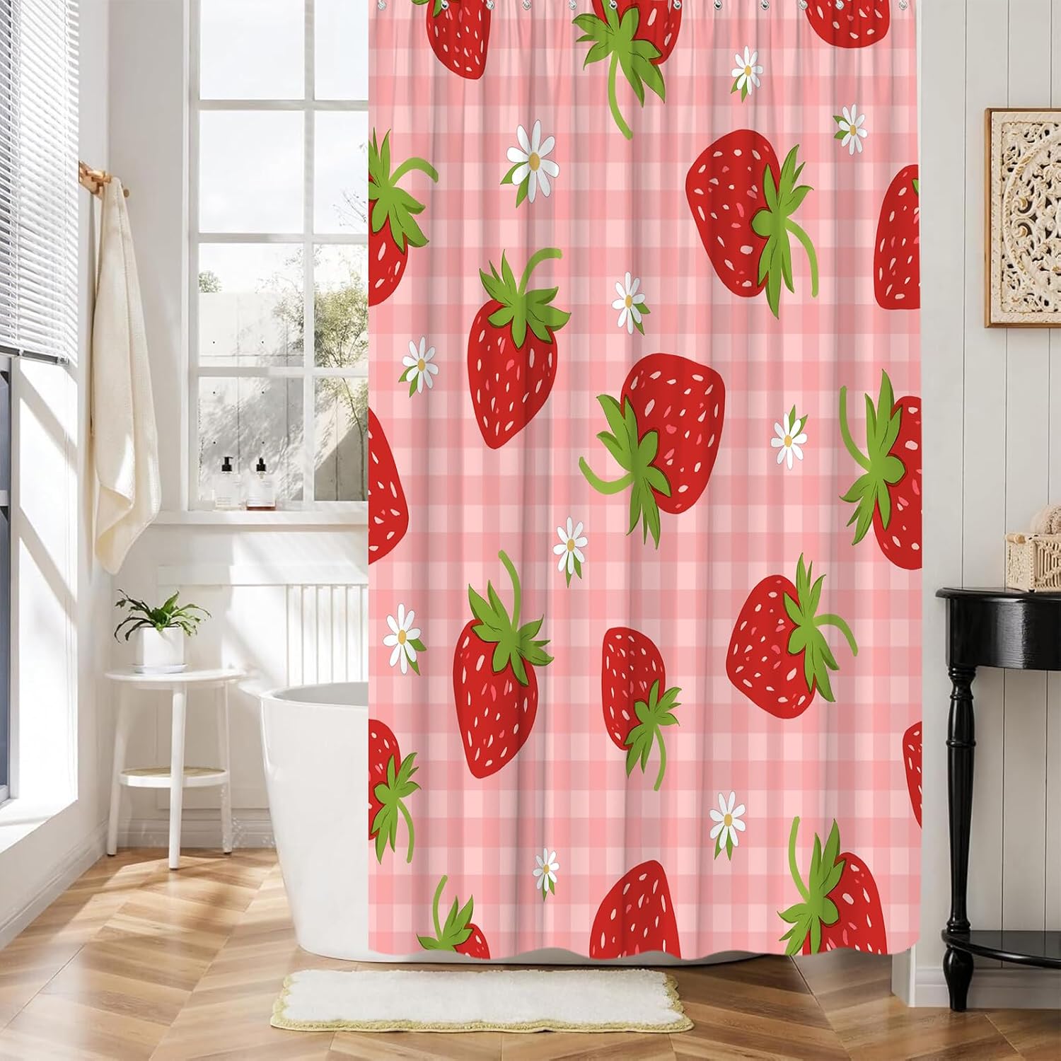 Strawberry Shower Curtain for Bathroom,Cute Pink Fruit Fabric Curtain with Hook,Watercolor Leaves Strawberries Spring Summer Decor for Bath Curtain,70x70 Inches