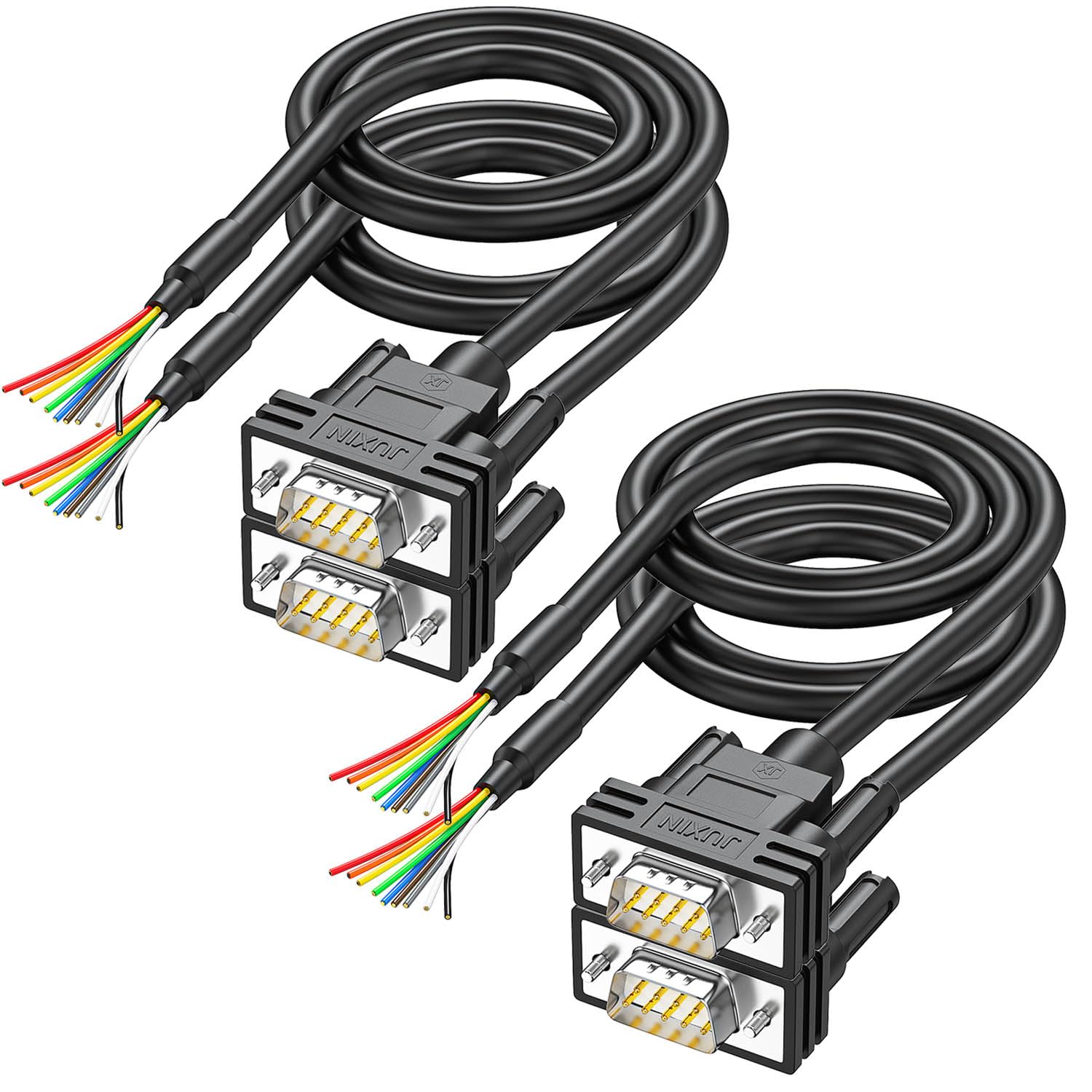JUXINICE4Pack DB9 Connector to Bare Wire END, D-SUB 9 pin RS232 Serial Extension Cable Double shielde,DB9 Male to 9-Core Wires 3ft -Black