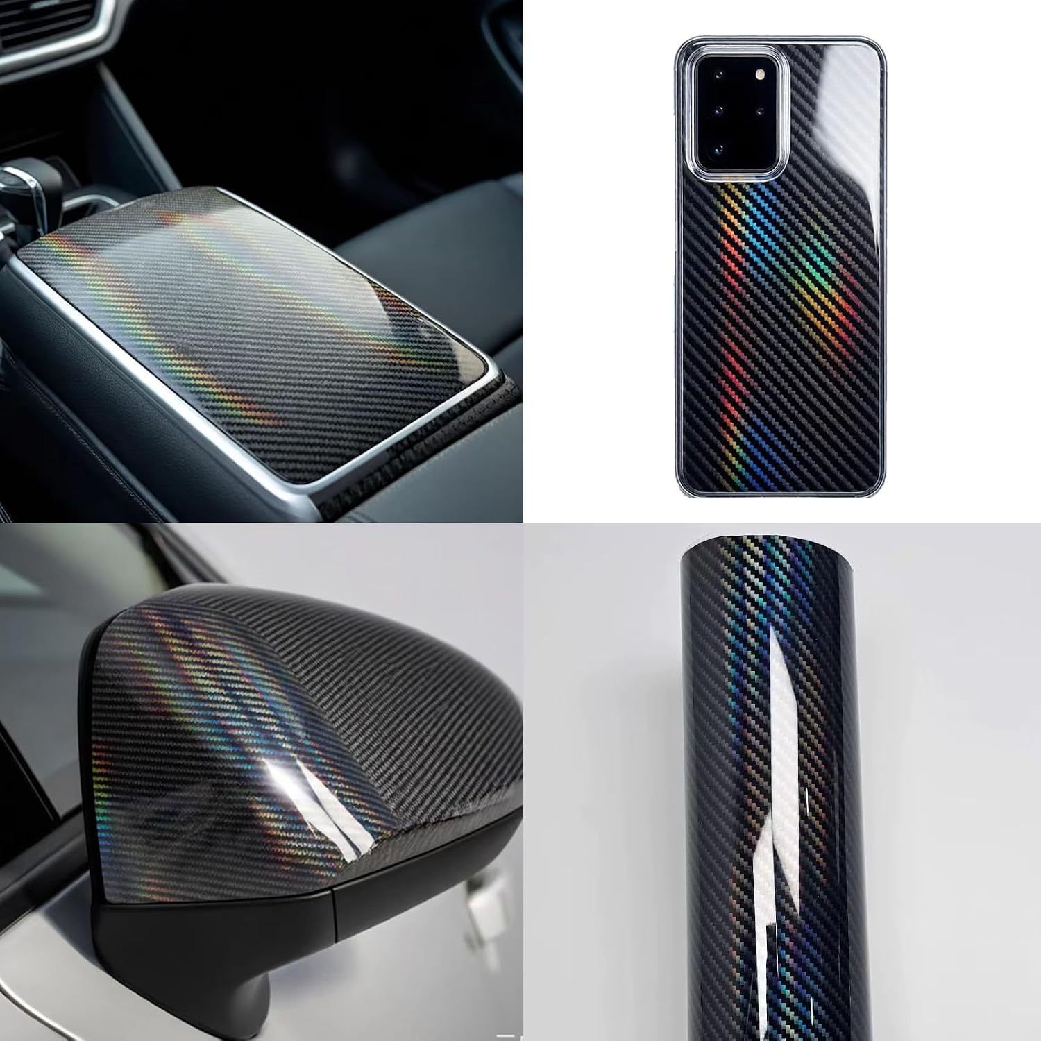 Black Carbon Fiber Vinyl wrap, High Gloss Automotive Packaging Vinyl with air Release Function，Self Adhesive Vehicle Interior Exterior Stretchable Decal Sticker Film Sheet