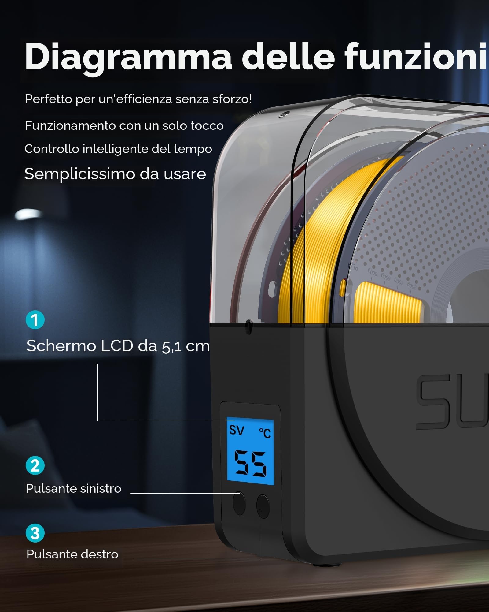 SUNLU Official Filament Dryer S1 PLUS con Ventola, Senza Umidità Essiccatore Filamento 3D, FilaDryer Facile da Usare e Portatile, PLA PETG ABS Nylon TPU Essiccatore Filamento 3D SUNLU S1+, (Nero)