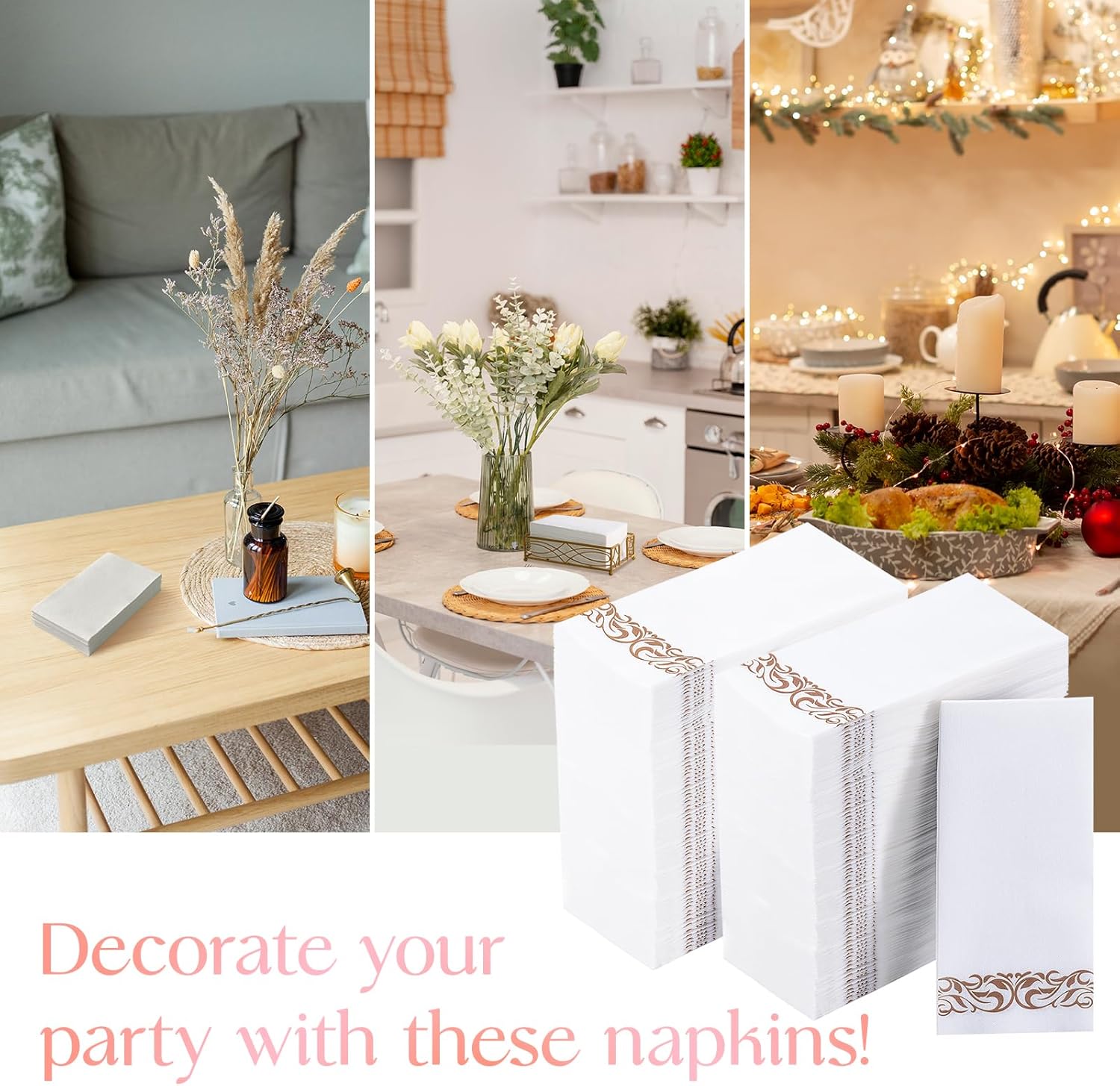 Vplus 400 Pack Paper Napkins Guest Towels Disposable Premium Quality 3-ply Dinner Napkins Disposable Soft, Absorbent, Party Napkins Wedding Napkins for Kitchen, Parties, Dinners or Events(rose gold)
