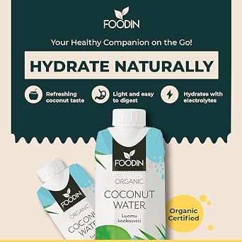 Foodin Organic Coconut Water - 100% Natural Coconut Water with Electrolytes - Gluten Free, Low Calorie, Fat Free, Vegan - Pack of 12 (12 x 330 ml)
