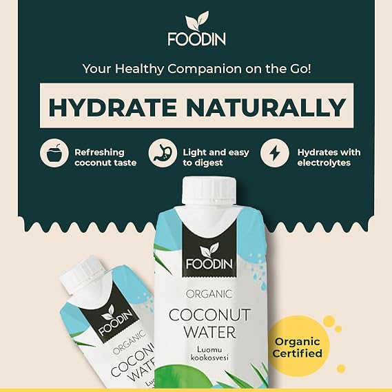Foodin Organic Coconut Water - 100% Natural Coconut Water with Electrolytes - Gluten Free, Low Calorie, Fat Free, Vegan - Pack of 12 (12 x 330 ml)