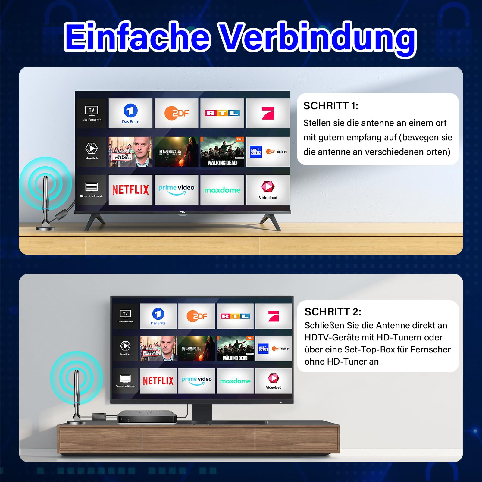 Antena DVBT2, antena DVB-T y DVB-T2 con amplificador, gran alcance y recepción de 360°, antena interior para televisores con base magnética fuerte, adecuada para 4K 1080p y todos los televisores