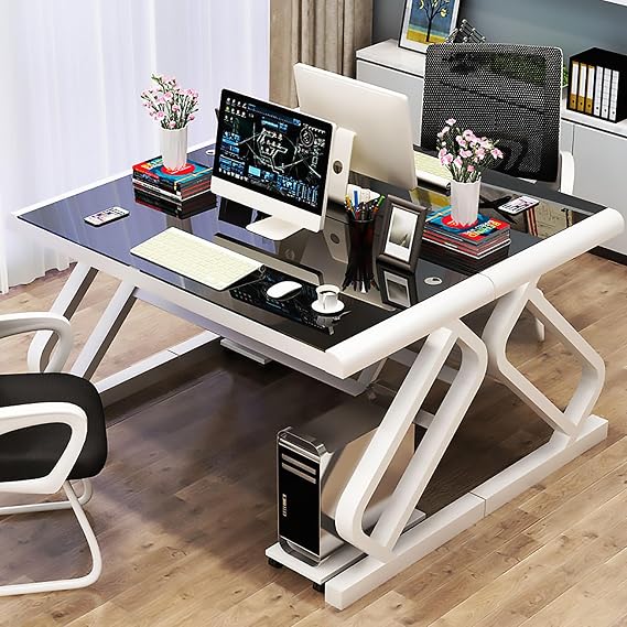 Contemporary Tempered Glass Computer Desk, Modern Large Home Office Desk Rectangular Writing Desk Gaming Desk with Metal Legs Computer Desktop Table(31.5''L, Black)