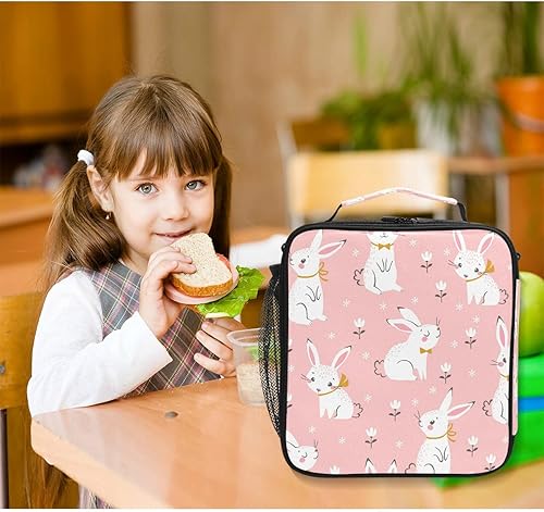 Miniatura 6 de AUUXVA Lindas bolsas de almuerzo con diseño de conejito rosa para niñas y niños, lonchera térmica, con correa ajustable, a prueba de fugas,