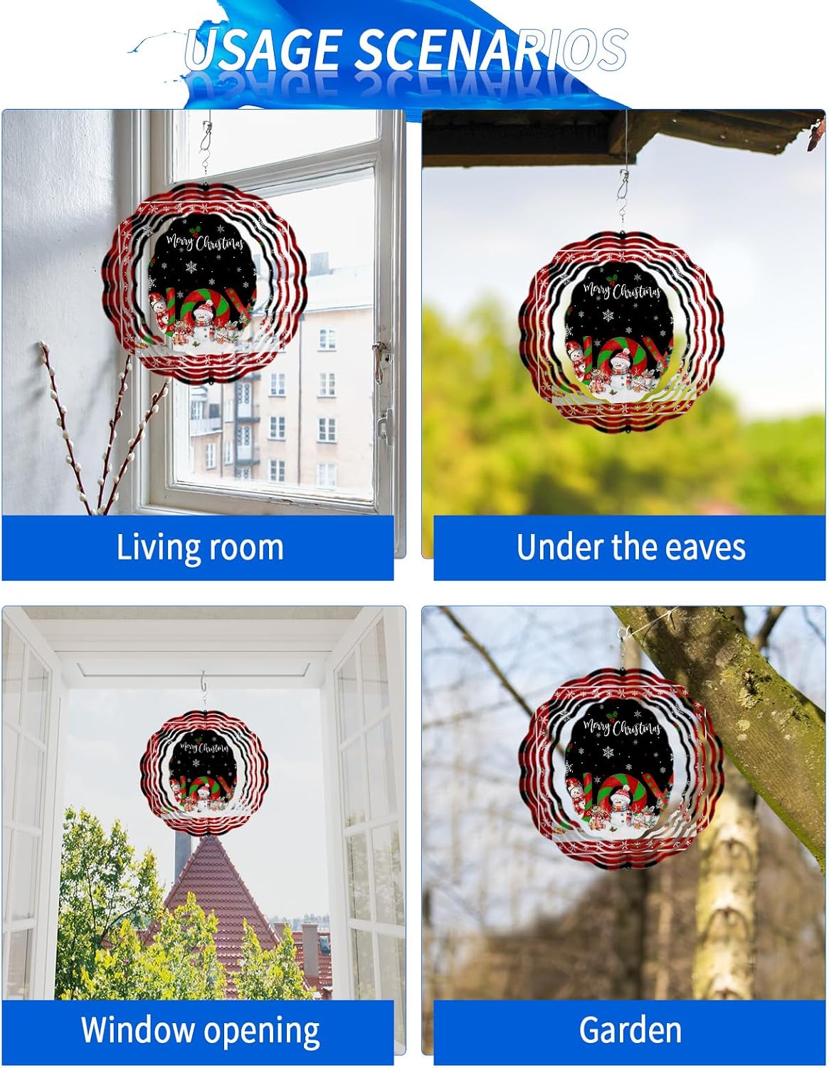 Red Black Plaid Wind Spinner 3D Stainless Steel, 12 Inch Double Sided Circle Hanging Wind Spinners, Merry Christmas Snowman Snowflakes Garden Art Wind Sculpture for Yard Porch Front Door