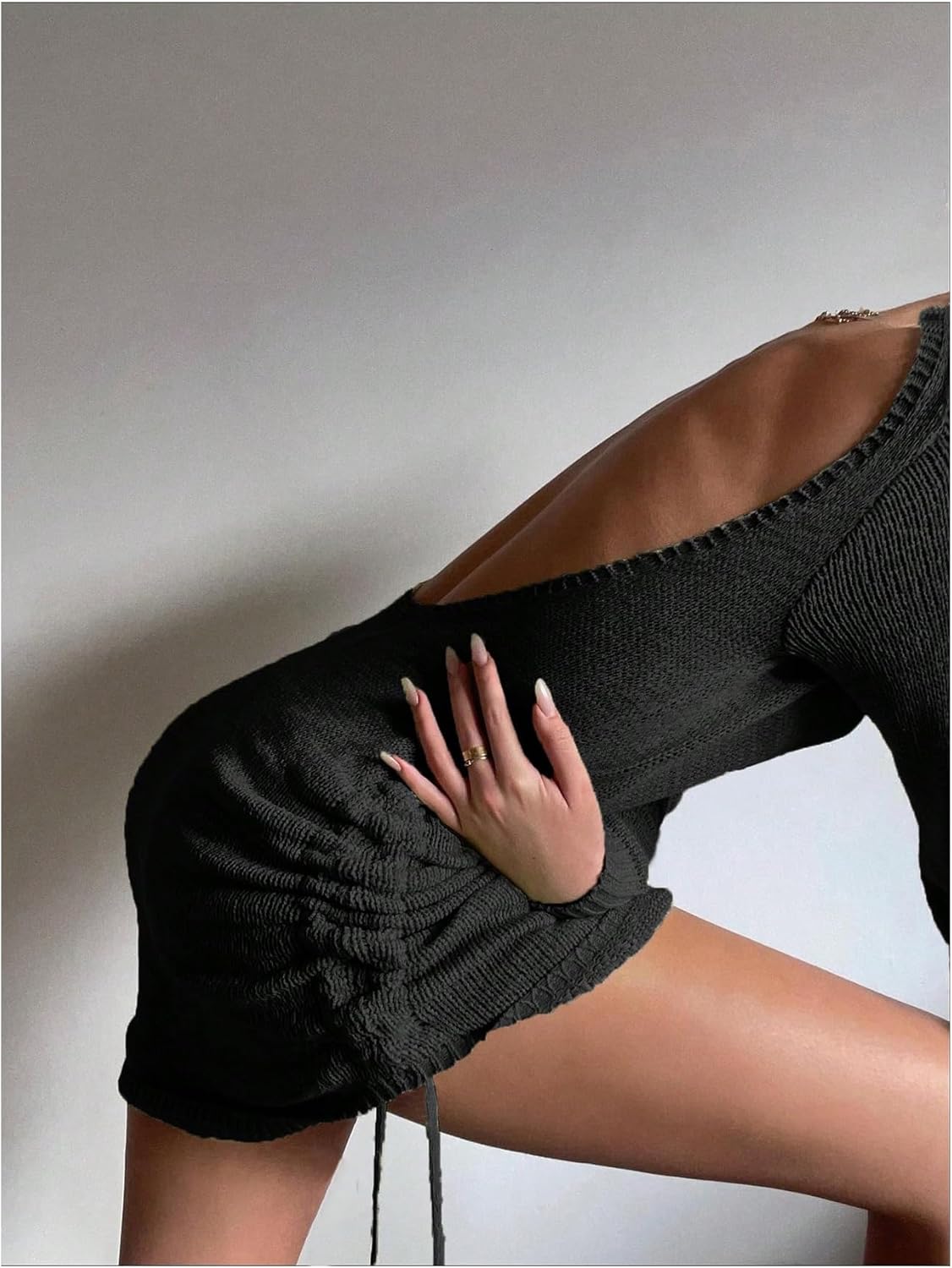 SHENHE Women's Open Back Sweater Dress Drawstring Side Long Sleeve Mini Knit Dresses - Image 3