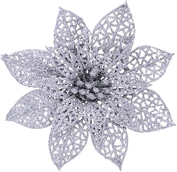 Supla 24 Pcs Christmas Silver Glitter Poinsettia Flowers Picks Christmas Tree Ornaments 5.9" Wide for Silver Christmas Tree Wreaths Garland Holiday Seasonal Wedding Decorations White Gift Box Included