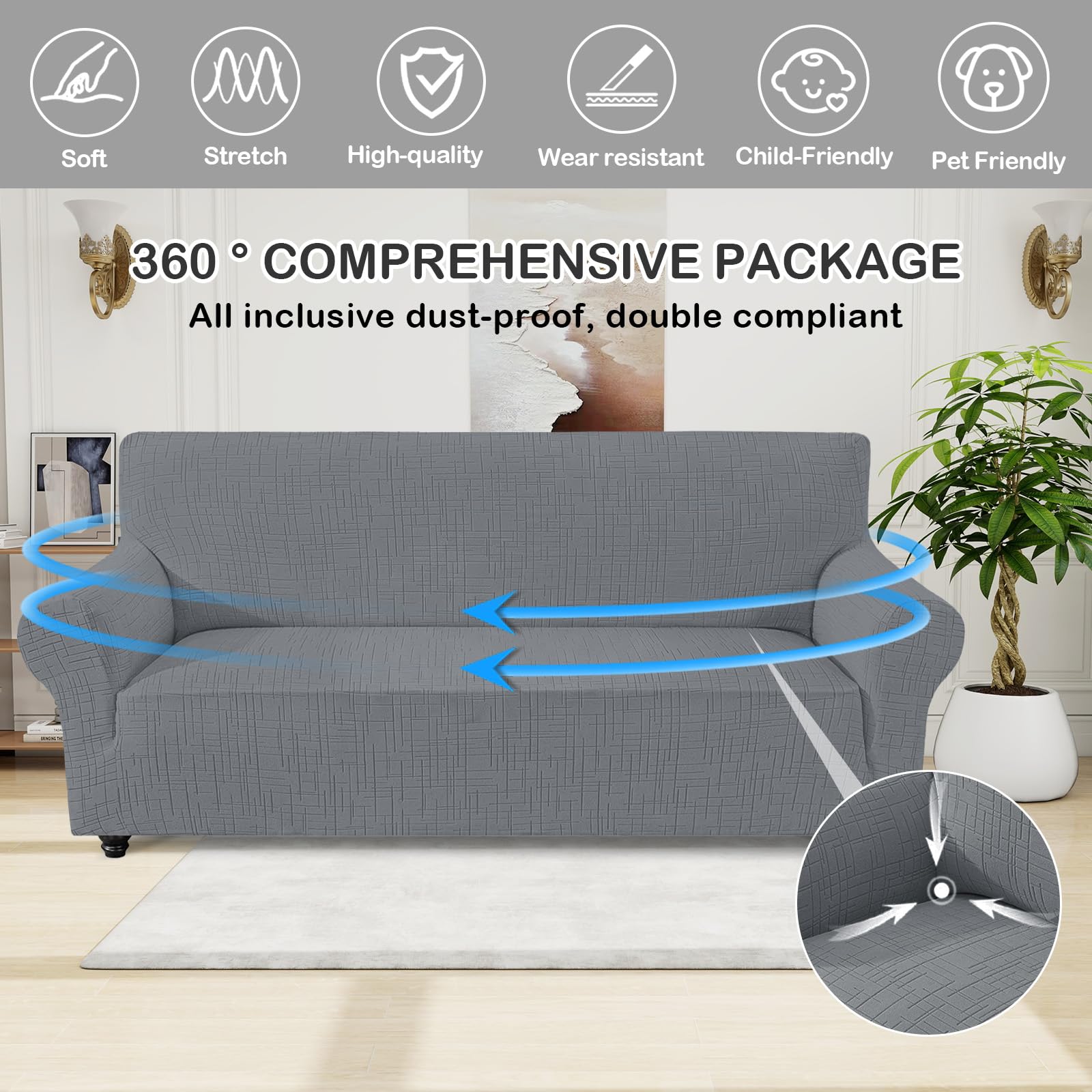 Stretch Sofa Überzug, Couch Überzug L Form, Universal Sofahusse 1/2/3/4 Sitzer mit Wasserdicht & Anti-Falten, Sofaüberzug für Sofa Cover L Shape, U Shape (3 Sitzer, Hellgrau)