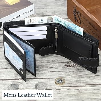 WEDMAY Men's Leather Wallet with Coin Pocket, RFID Blocking and Gift Box | Genuine cowhide leather, Multiple card slots, ID windows, zipped note compartment, separate zipped pocket, slim bifold design