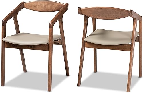 Miniatura 11 de Baxton Studio Harland Juego de sillas de comedor de 2 piezas tapizadas de piel sintética negra y acabado marrón nogal, juego de sillas de comedor