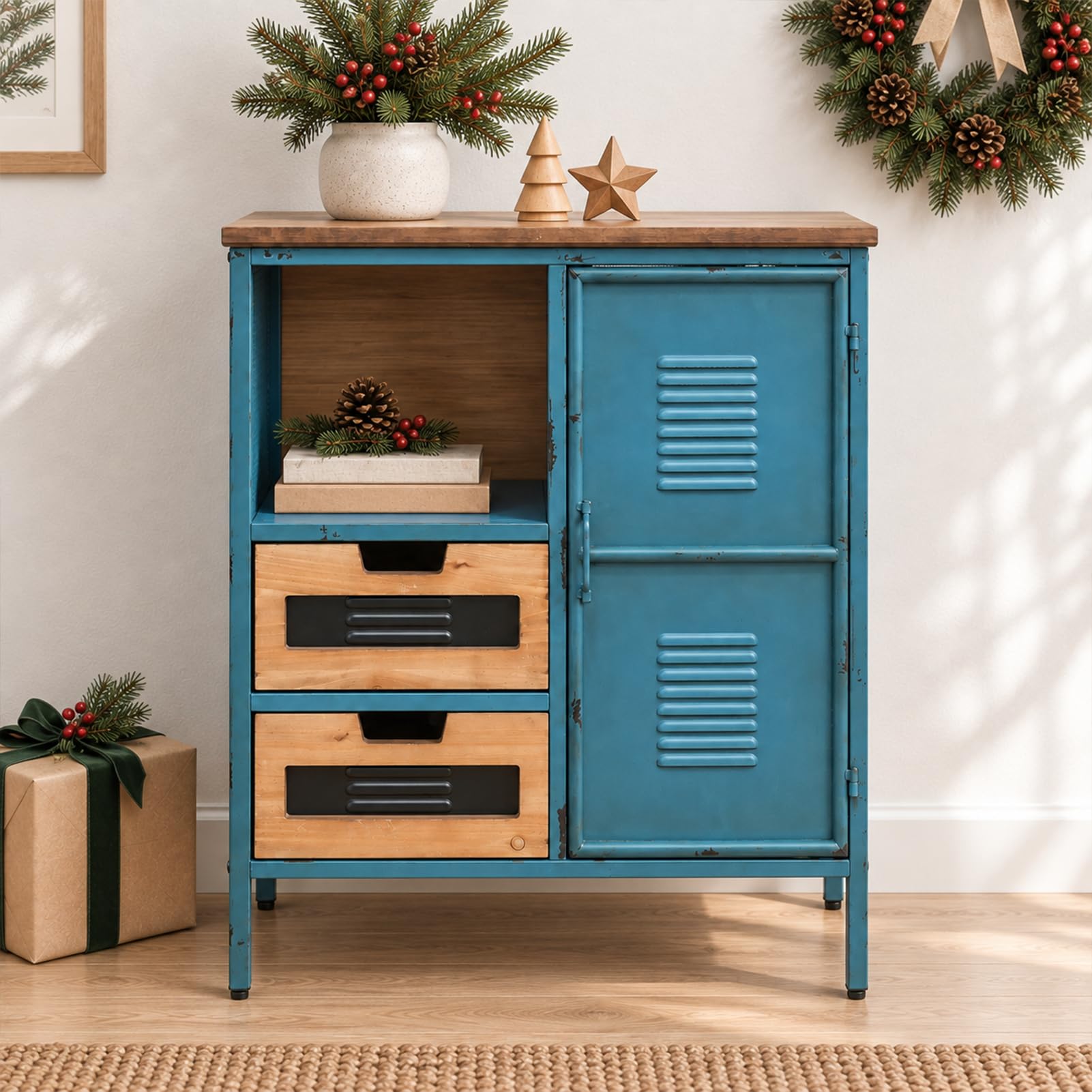 G-LEAF Sideboard Industriestil Blau, Retro Kommode Metallschrank mit Holzplatte, Vintage Aufbewahrungsschrank mit 2 Schubladen & 1 Tür, Used-Look