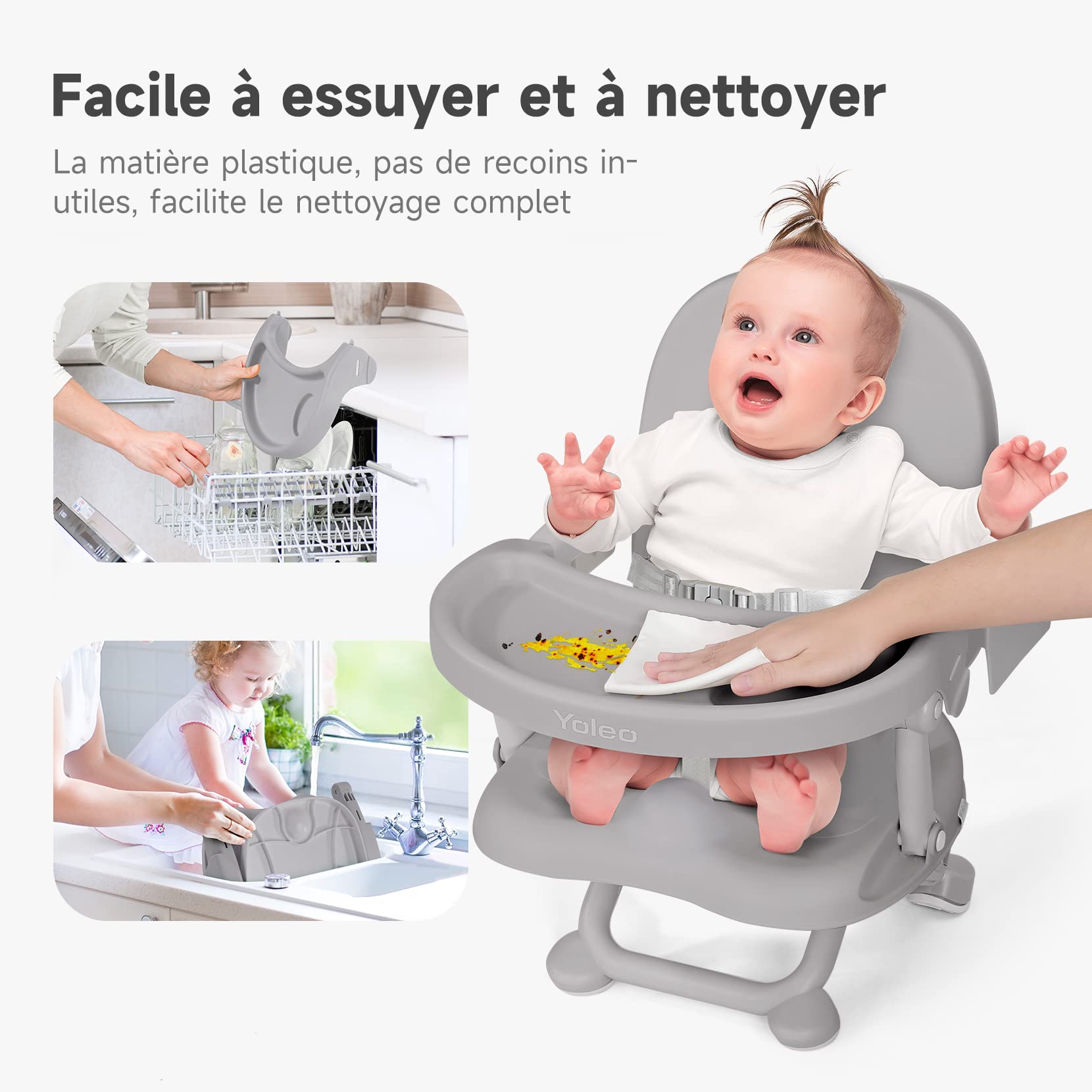 YOLEO Réhausseur Chaise Enfant Pliable, Chaise Haute Bébé Portable, Siège, Chaise repas en Hauteur Réglable, Plateau Amovible, 6 mois à 3 ans, Gris