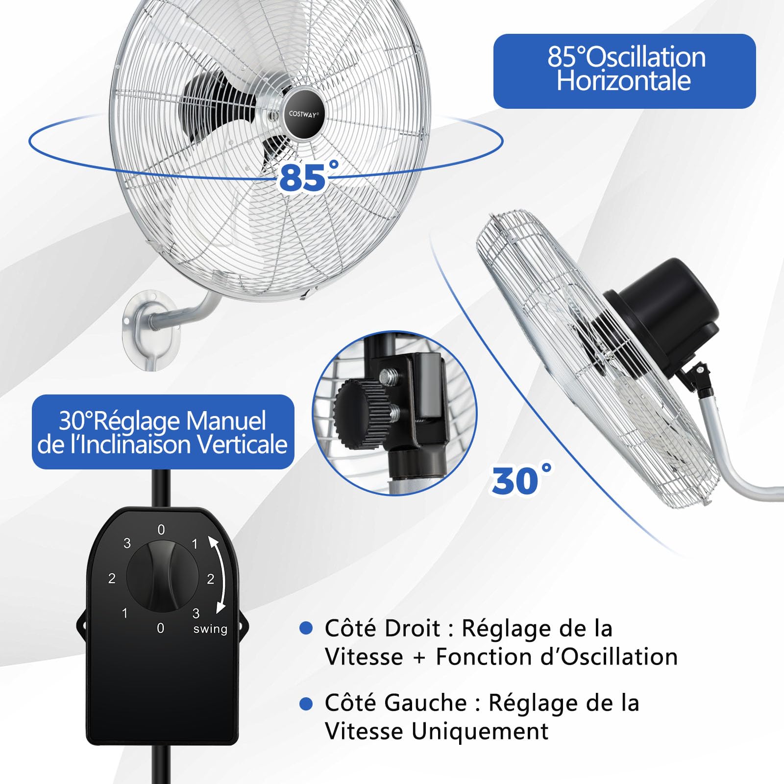 COSTWAY Ventilateur Mural Industriel Ø56 cm 120W 3 Vitesses, Ventilateur Domestique Pales en Aluminium Tête d'Inclinaison Réglable à 30° Oscillation à 85° pour Entrepôt Atelier (Argenté)