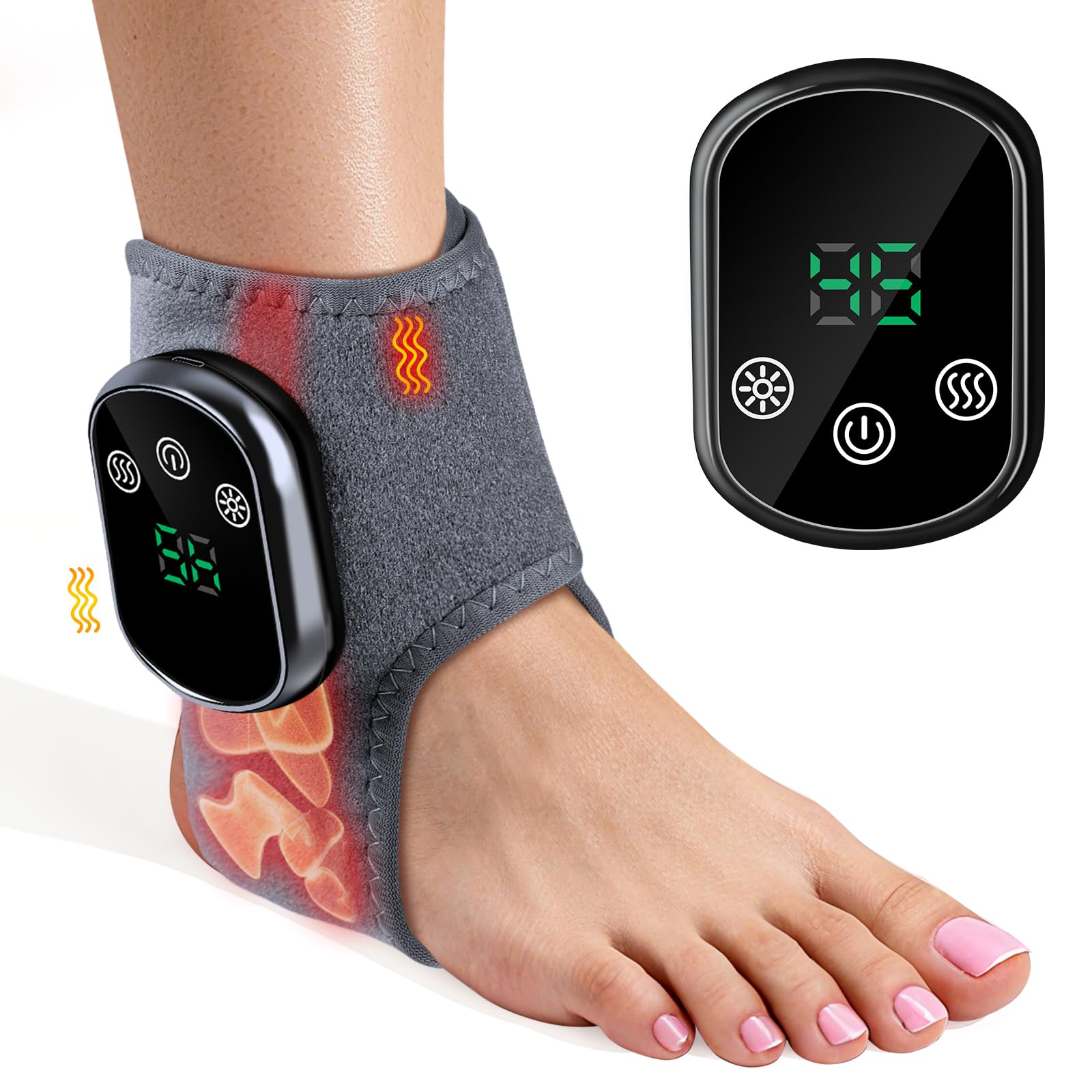 Beheizbare Knöchelbandage, Tragbares Knöchelheizkissen mit 3 Vibrationsmodi und 5 Heizstufen Wiederaufladbares Fußmassagegerät für Plantarfasziitis Fersenschmerzen und Fußermüdung