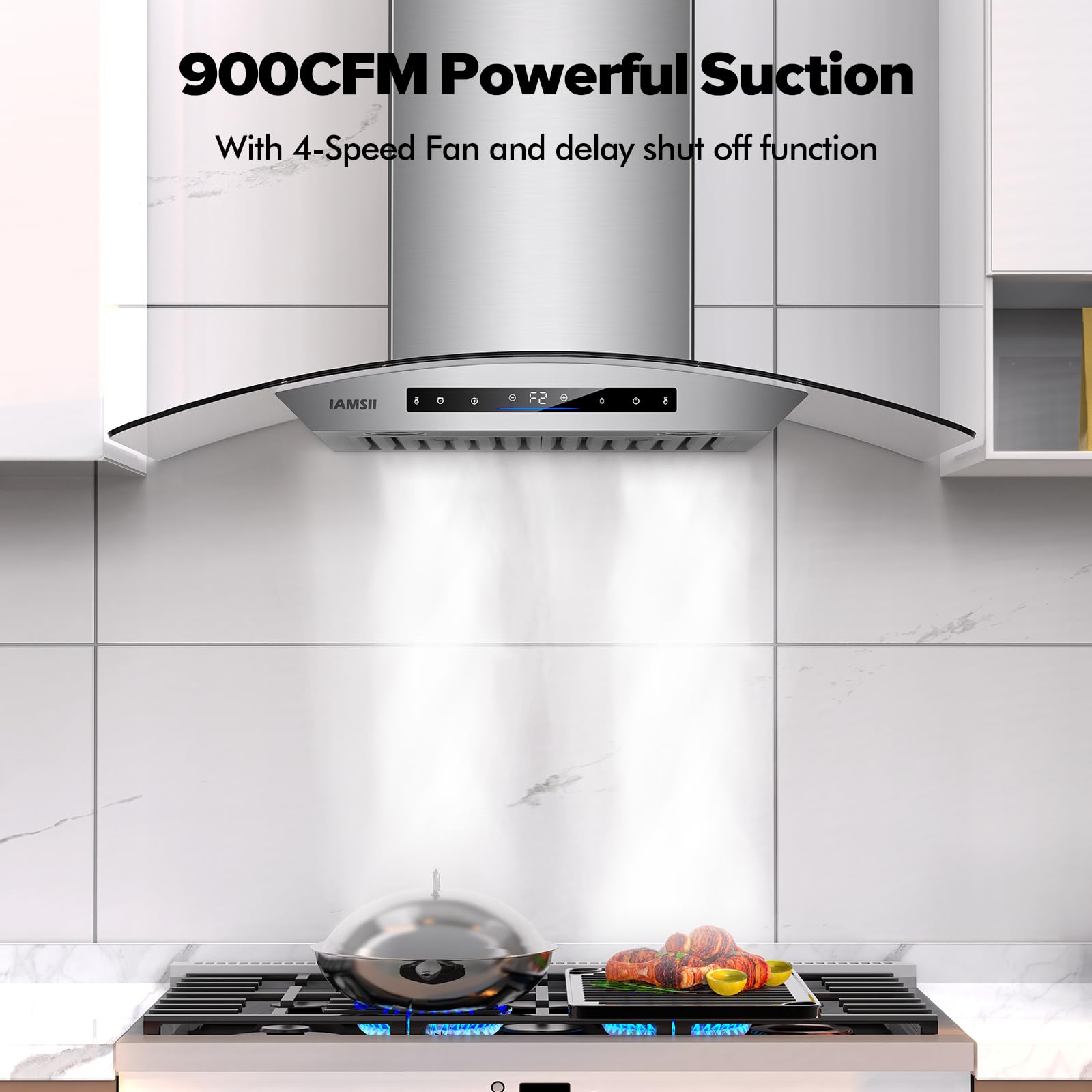Campana extractora de 30 pulgadas de vidrio templado de 900 CFM, control remoto, gesto/táctil, ventilación de campana de cocina de acero inoxidable con ventilador de escape de 4 velocidades, luces