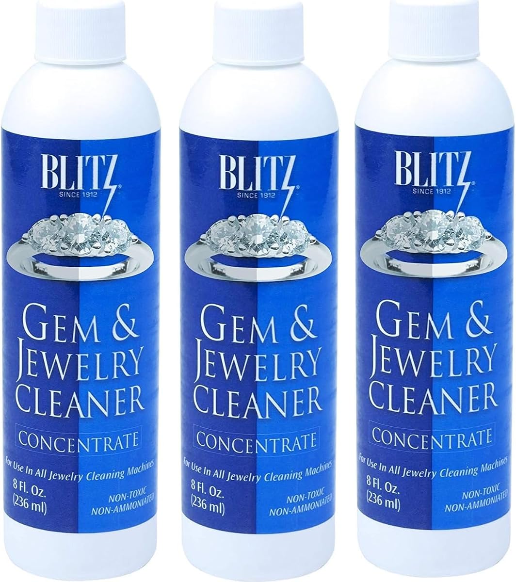 Blitz Gem & Jewelry Cleaner Líquido concentrado para oro, plata y platino, pulido de joyas, piedras no porosas, preciosas y semipreciosas, no tóxico, no abrasivo, respetuoso con el planeta, fabricado en EE. UU., 8 oz