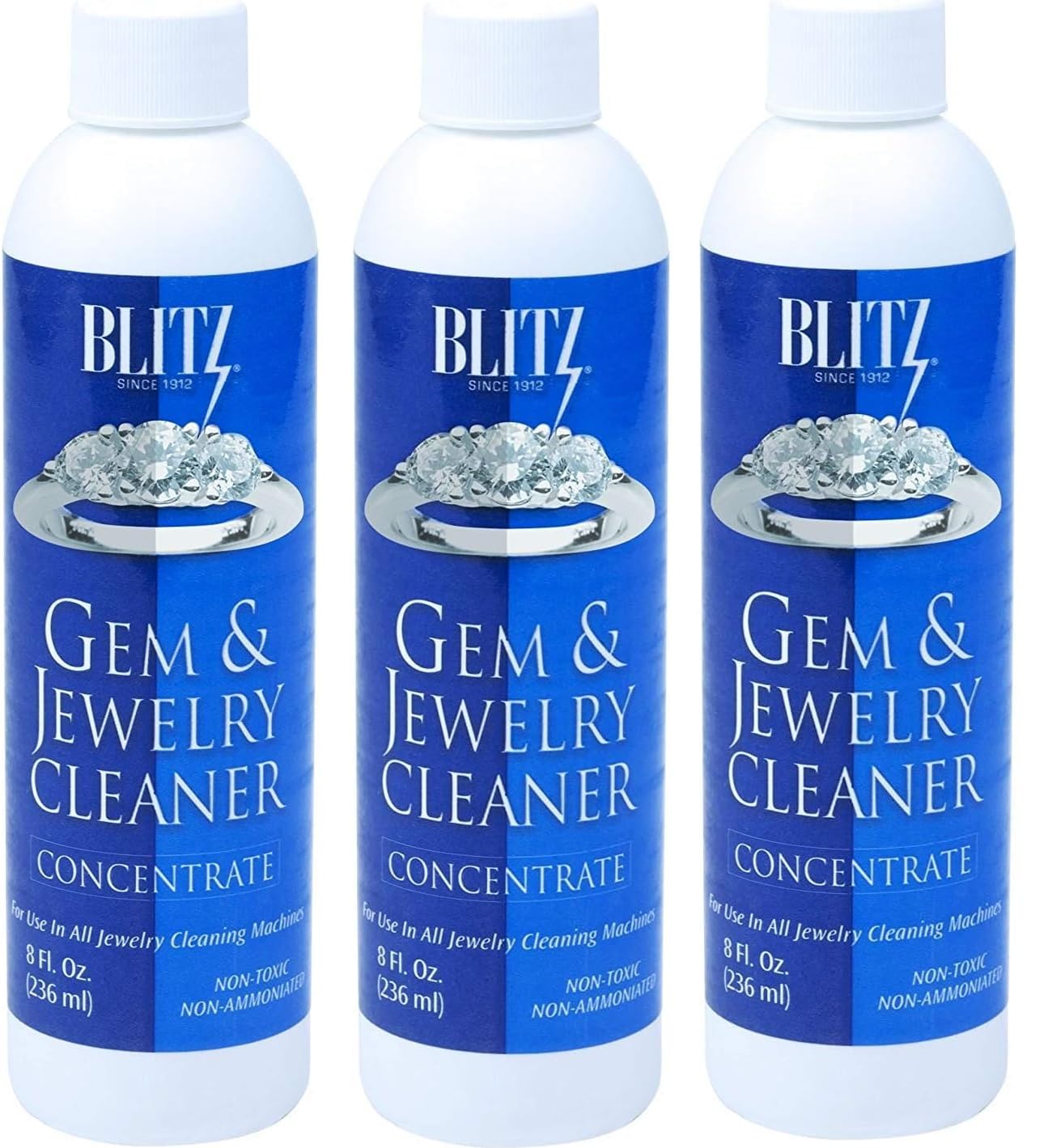 Blitz Gem & Jewelry Cleaner Liquid Concentrate for Gold, Silver, Platinum Jewelry Polishes Non-Porous, Precious & Semi-Precious Stones Non-Toxic, Non-Abrasive, Planet Friendly Made in USA 8oz