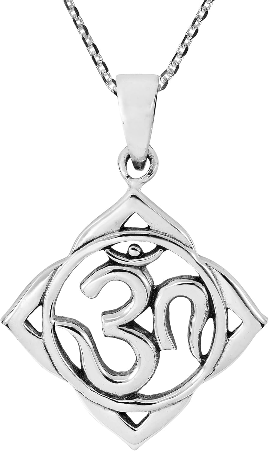 AeraVida Delicate Casual Yoga Flower Round Peaceful mantra design Carved Religious Accessory in .925 Sterling Silver Mindfulness Charm Necklace, 18 inch