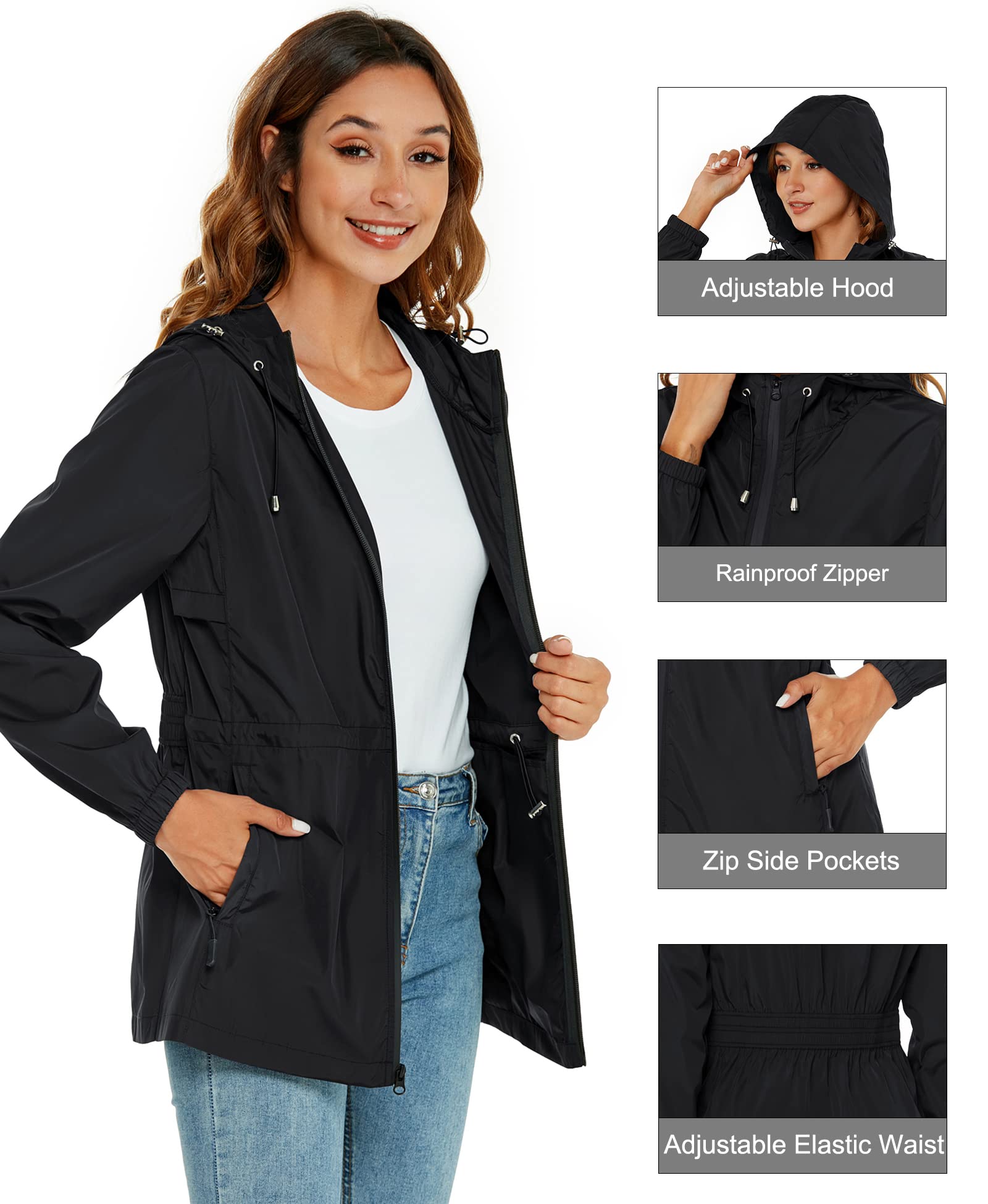 Rapbin Imperméable pour femmes, veste de pluie légère et pliable, avec capuche et poche, style trench-coat