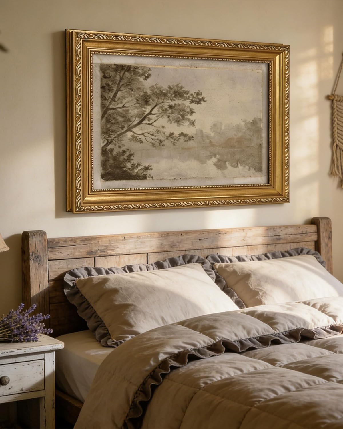 Vintage Gold Framed Wall Art Sepia Toned Tree and River Scene Landscape Wall Decor Sketch Antique Nature Inspired Canvas Prints for Rustic Living Bedroom 16x24in