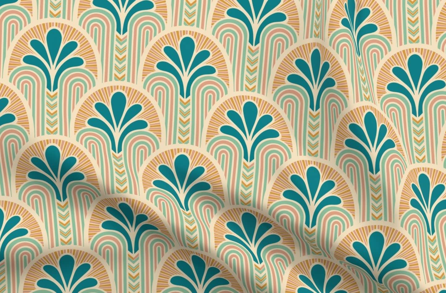 Spoonflower Fabric - Beach Art Deco Vintage Retro Pastel Fan Colorful Teal Orange Printed on Petal Signature Cotton Fabric Fat Quarter - Sewing Quilting Apparel Crafts Decor