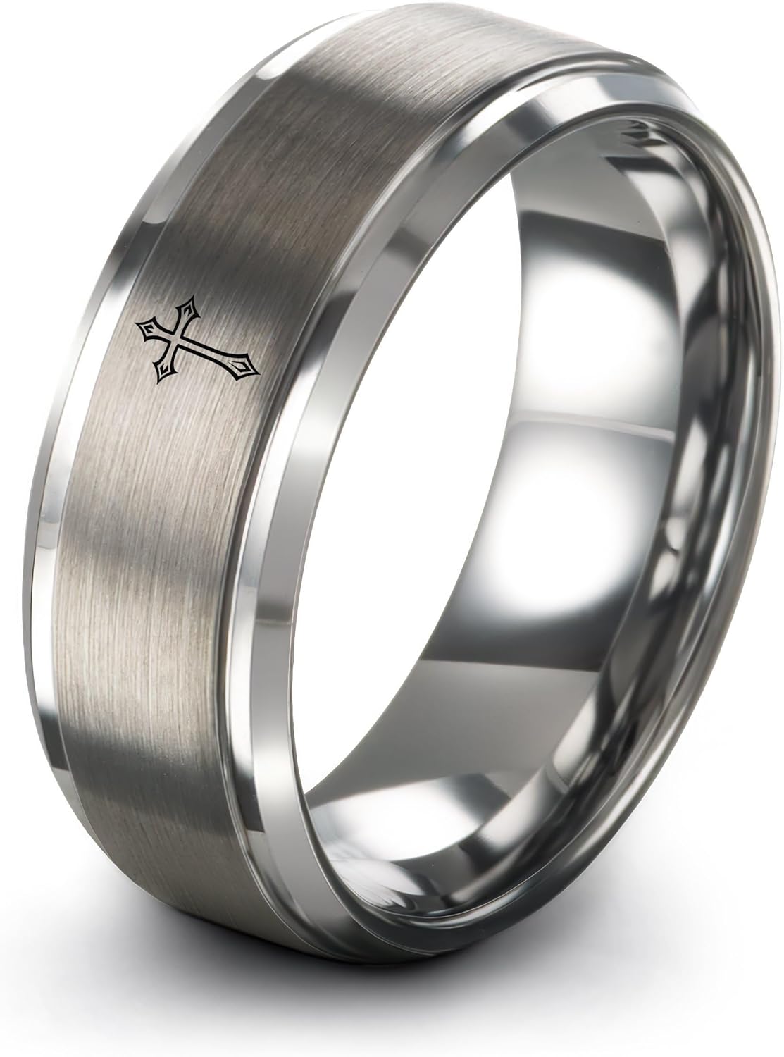 Gift for Faithful Person - Latin Crucifix Ring - Band - Tungsten - Black Yellow Gold Silver - Men Women - 8mm - Anniversary Wedding - Flat Dome Bevel - Personalized Custom Engraving - Brushed Polished