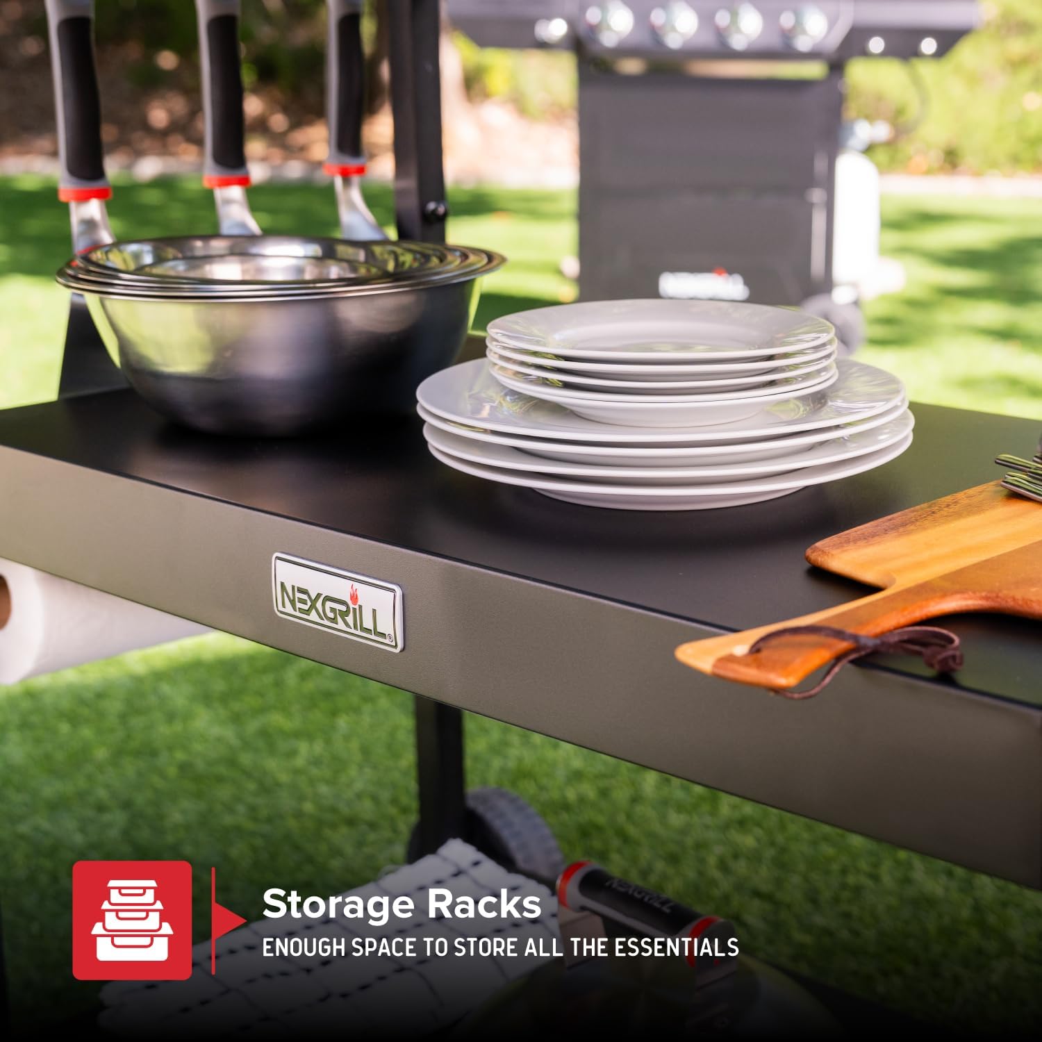 Nexgrill Large Stainless Steel Grill Table with Double Shelf for Griddle, 46" L x 24" W x 40" H, 648 Sq. in., Portable Grill Cart with Side Handle, Paper Towel, and Trash Bag Holder - 880-0016D