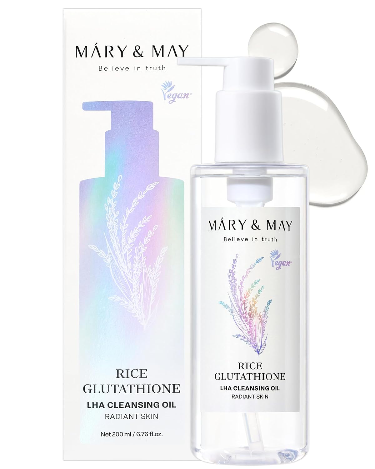 Mary&May Rice + Glutathione LHA Cleansing Oil – Korean Oil Cleanser for Blackheads & Pores, Waterproof Makeup & Sunscreen Remover, Oil-to-Milk Emulsifying, Exfoliation for Sensitive Skin 6.76 fl oz