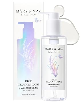 Mary&May Rice + Glutathione LHA Cleansing Oil Korean Oil Cleanser for Blackheads & Pores, Waterproof Makeup & Sunscreen Remover, Oil-to-Milk Emulsifying, Exfoliation for Sensitive Skin 6.76 fl oz