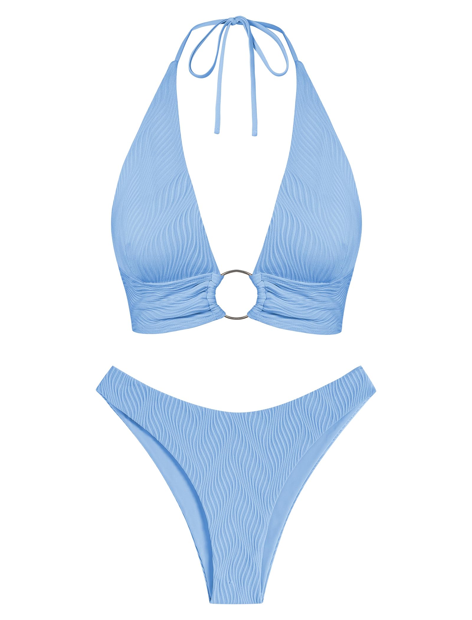 O Ring Halter Bikini Sets for Women High Cut Swimsuits Trendy 2 Piece Bathing Suits