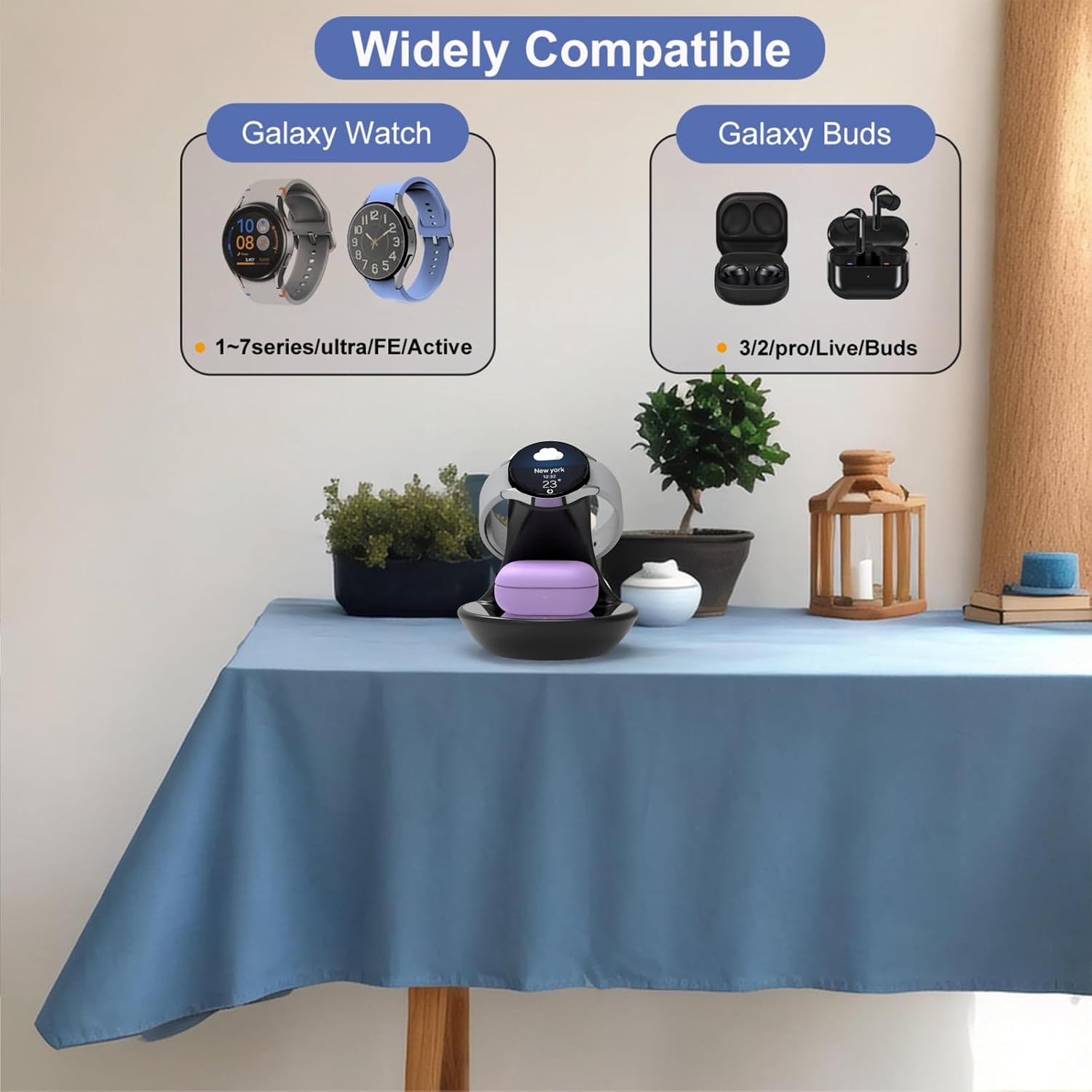 iMorde for Samsung Galaxy Watch Charger Stand Ultra 7 6 5 4 3 Pro Classic,Fast Charging for Samsung Watch Charger Holder,for Galaxy 3/2/Buds+/Buds 2 Pro,Wireless Charging USB C (Blue) (Black) image 2