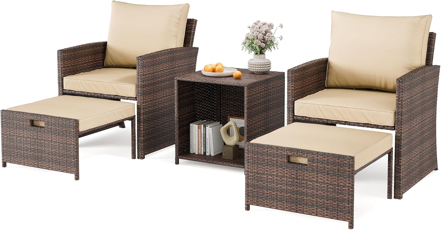 5-Piece High Back Patio Conversation Set with 2 Ottomans and Table, All-Weather PE Rattan Lounge Chairs with Soft Cushions, Perfect for Balcony, Porch, Garden, and Poolside