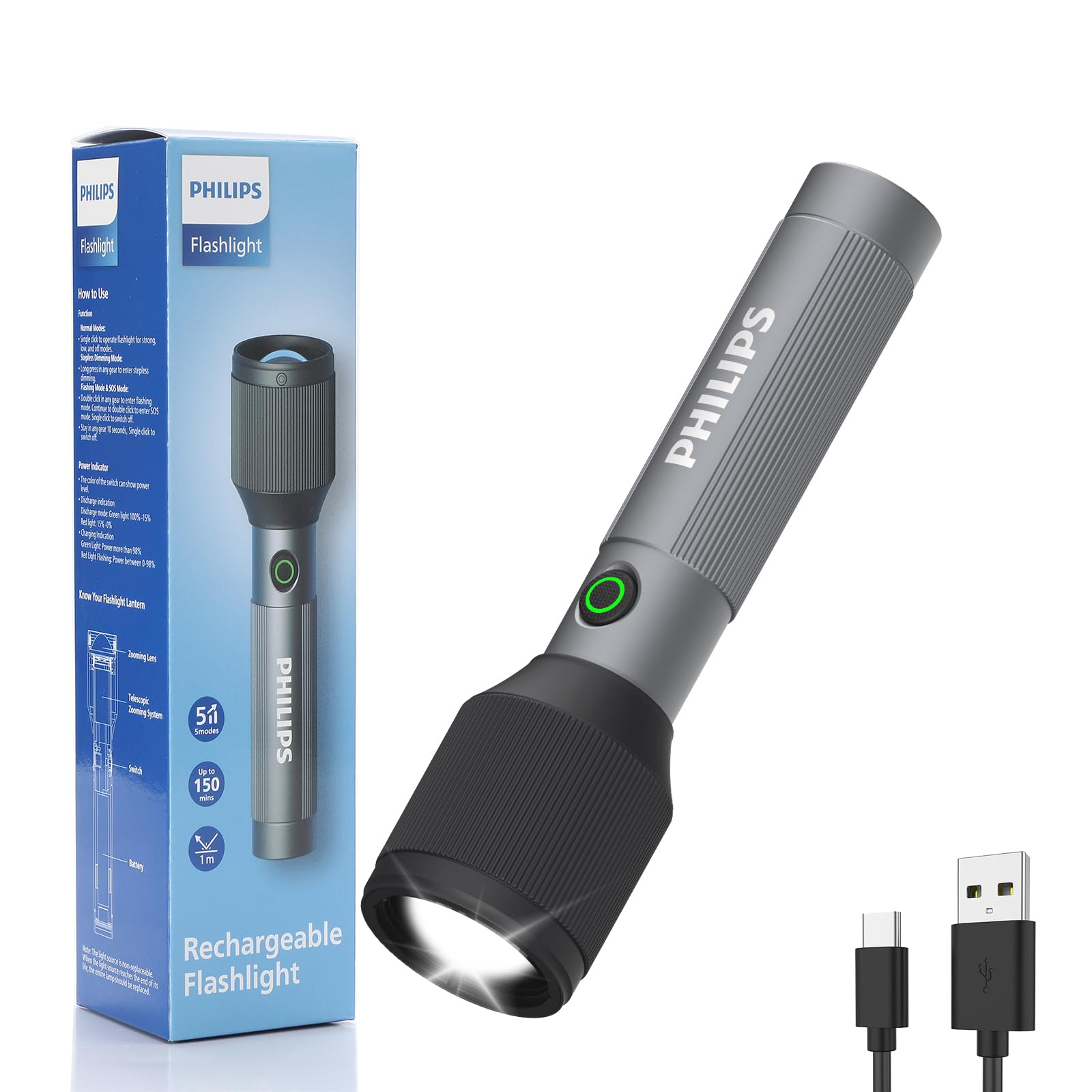 PHILIPS Torch Rechargeable, 24W Torch Light High Power, 1000 Lumens Super Bright Emergency Flashlight, 900M Coverage, 2000mAh Battery, Telescopic Zoom, Aircraft Aluminum Body, LED Flash Light