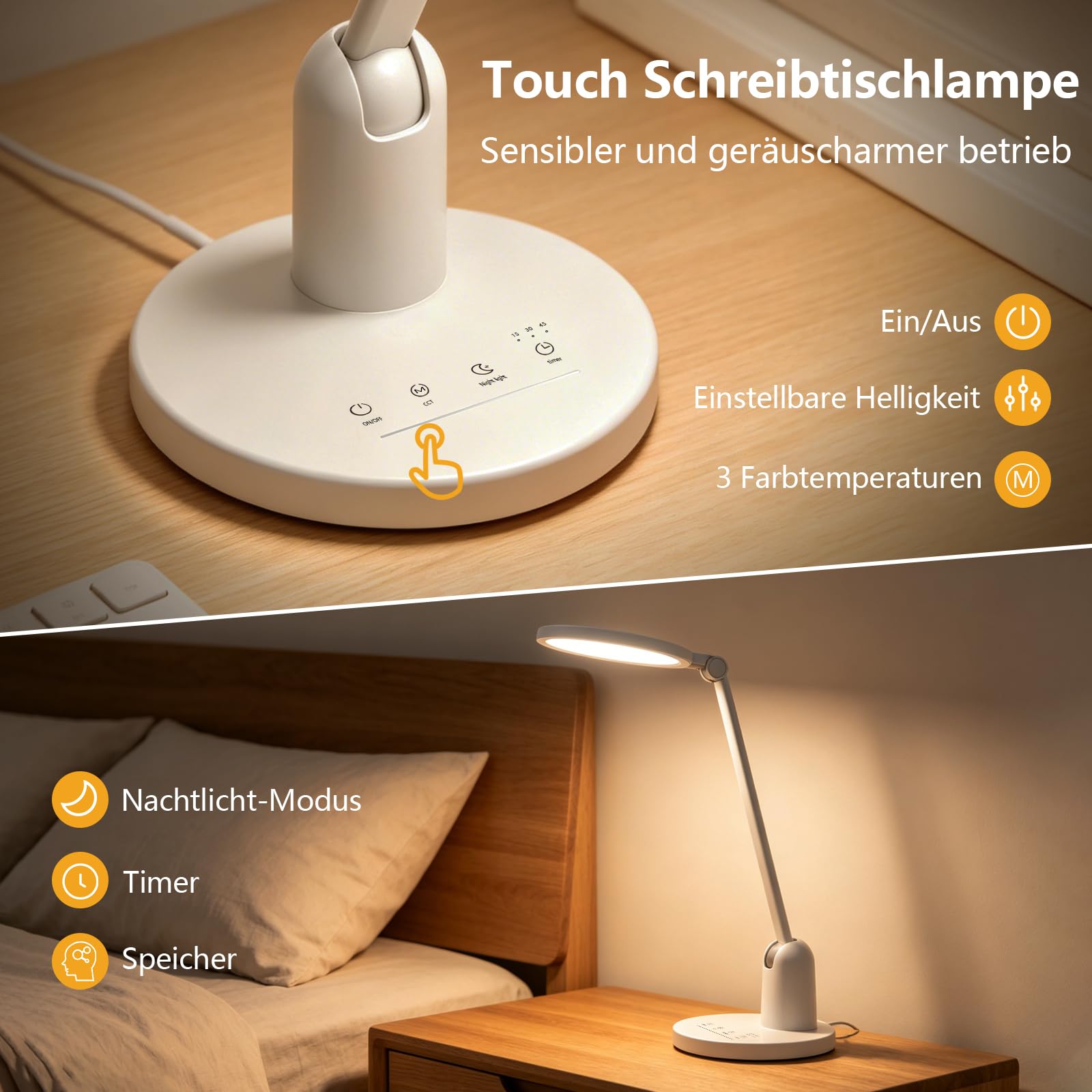 Coollamp Schreibtischlampe LED, Dimmbar Augenschutz Desk Lamp mit 3 Farbmodi, Touch Steuerung, Timer & Memory Tischlampen für Büroarbeit, Lesen, Basteln, Kinder (Weiß)