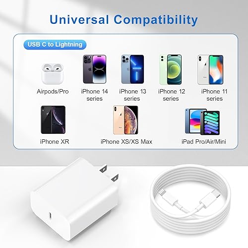 Miniatura 6 de Cargador rápido para iPhone. Certificado MFi paquete de 3 adaptadores de cargador de pared USB C de 20 W PD con cable USB C de 6 pies a cable de