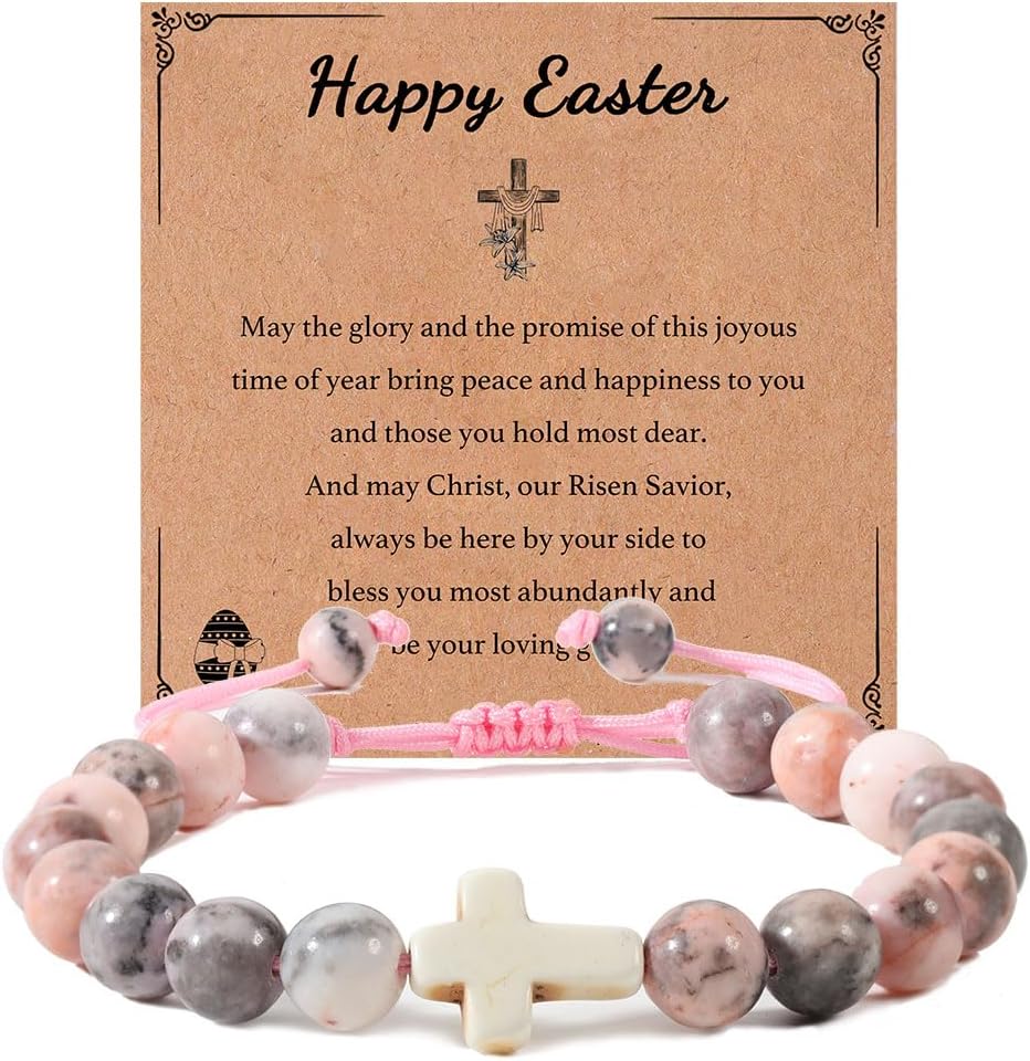 enasal Easter Basket Stuffers for Teens Girls, Nature Stone Easter Gifts Cross Bracelet, Christian Gifts Inspirational Jewelry