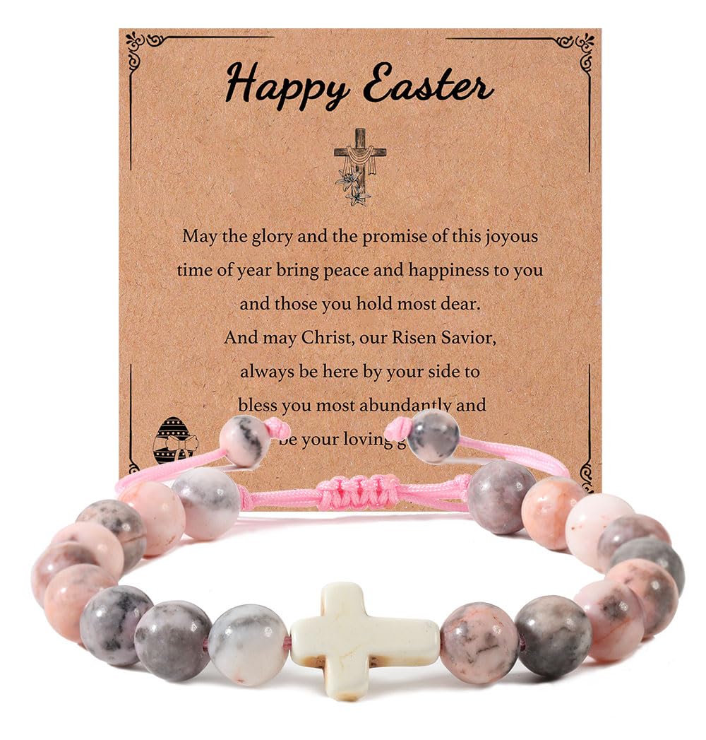 enasal Easter Basket Stuffers for Teens Girls, Nature Stone Easter Gifts Cross Bracelet, Christian Gifts Inspirational Jewelry