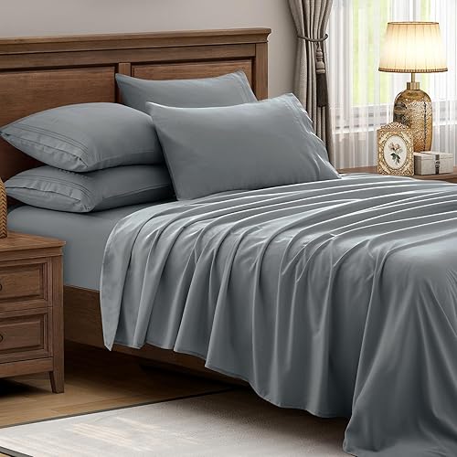 TREELY Juego de sábanas grises tamaño Queen, 6 piezas de microfibra cepillada, sábana bajera ajustable de 16 pulgadas de profundidad tamaño Queen,