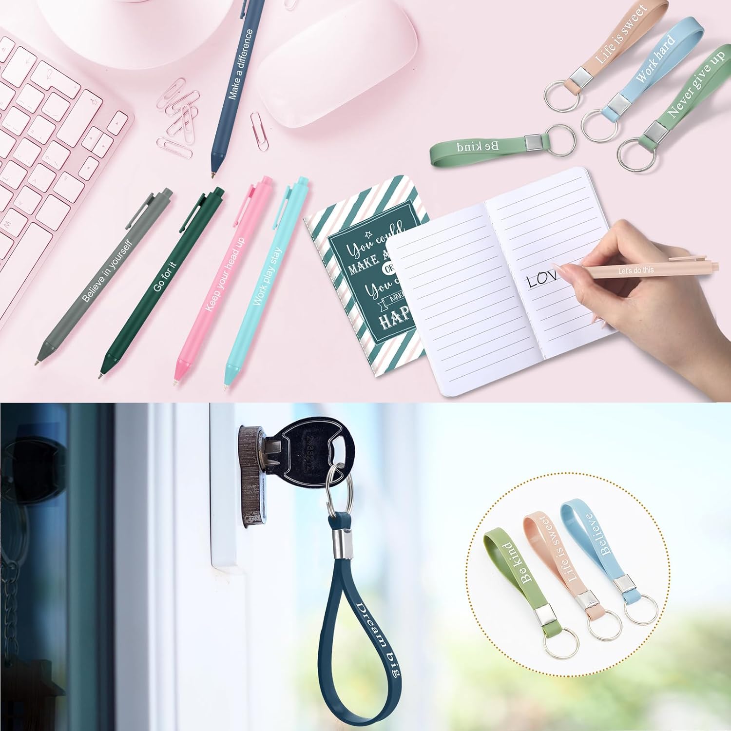 PerKoop 64 Pcs Inspirational Gifts Bulk 16 Motivational Notebooks Journal 16 Ballpoint Pens 16 Wristbands 16 Keychains for Teacher Office Women Employee Party Favor(Morandi) - Image 6